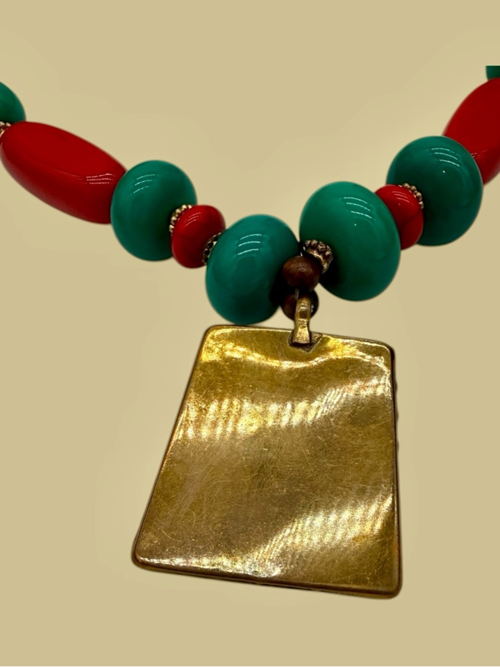 Tibetan Ethnic Mosaic Red Coral and Turquoise Statement Pendant Brass Necklace - Picture 5 of 8
